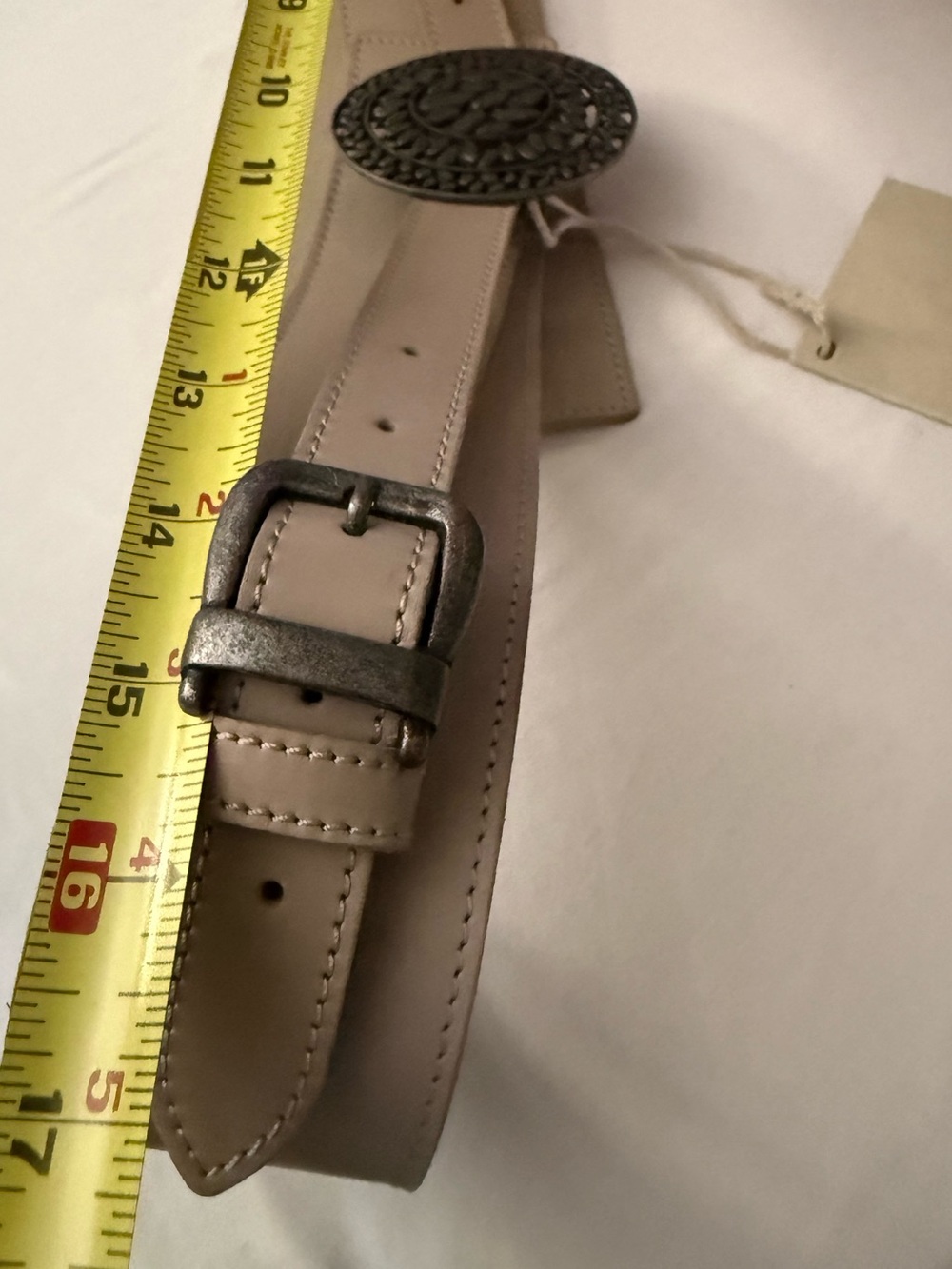 NWT Free People Beige Creamish/Tan Belt w/Embossed Silver Buckle (42” Length) - Picture 4 of 9